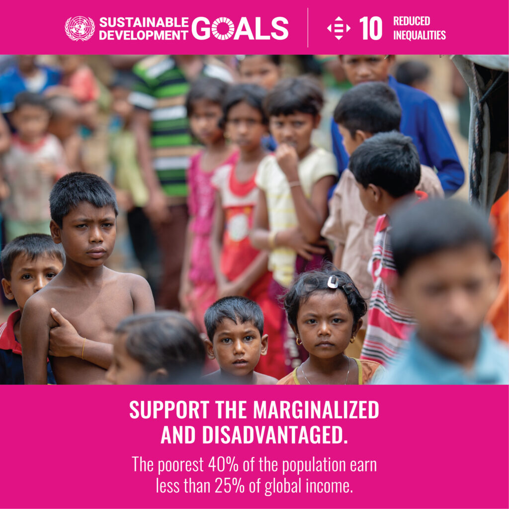 Card with information on Sustainable Development Goal 10: Reduced Inequalities. Support the marginalized and disadvantaged. 
