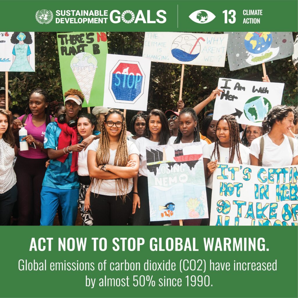 Card with information Sustainable Development Goal 13: Climate Action. Act now to stop global warming. 